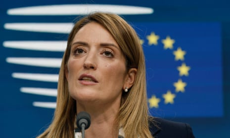 The European parliament president, Roberta Metsola, speaks during a media conference at an EU summit in Brussels