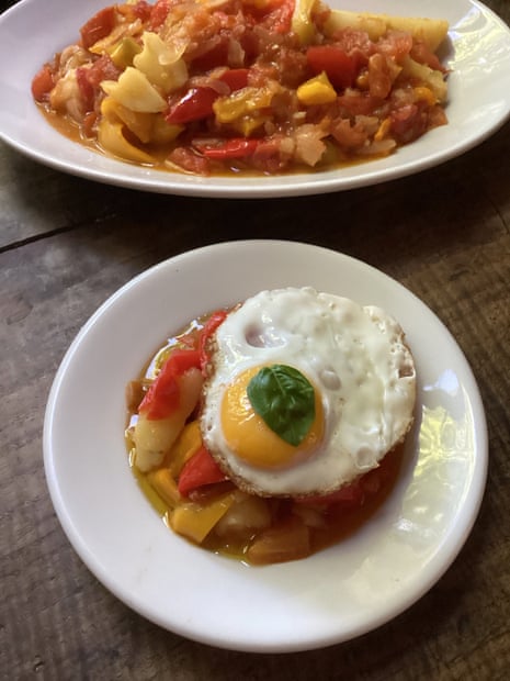 Rachel Roddy's ciambotta – a stew of peppers, potatoes, tomatoes and garlic – that goes really well with pasta, fried egg or feta.