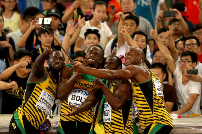 Nickel Ashmeade, Asafa Powell, Usain Bolt and Nesta Carter celebrate their victory with a few selfies