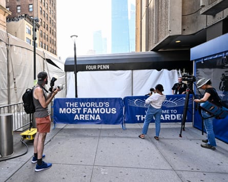 Photographers wait outside the guest entrance at Madison Square Garden for Taylor Swift and Travis Kelce’s wedding on 2 July 2026.