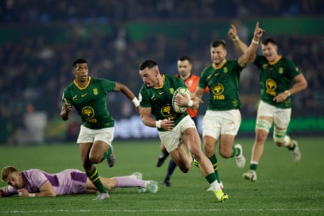 South Africa’s centre Jesse Kriel runs to score a try.