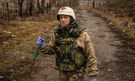Oleksiy Yukov, head of the Black Tulip group, at work in Krasnopillia a deserted village in northern Donetsk.