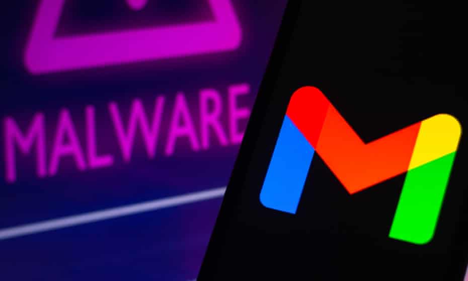 The Gmail logo displayed on a smartphone with a malware alert in the background