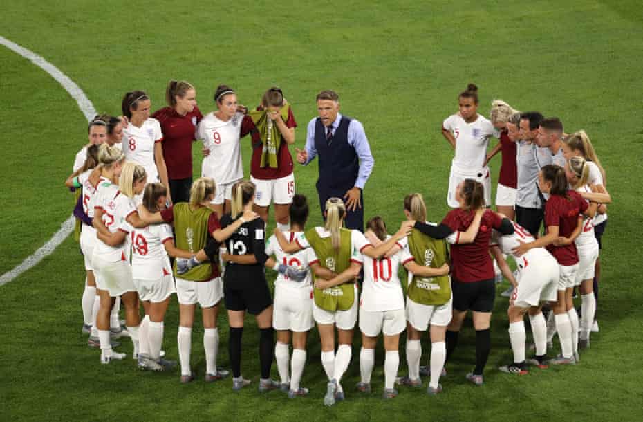 Philip Neville talks to his players after England’s defeat in the Women’s World Cup semi-final, 2 July