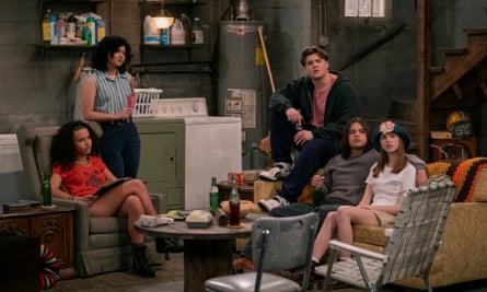From left: Ashley Aufderheide, Sam Morelos, Max Donovan, Mace Coronel, Callie Haverda in That ’90s Show.