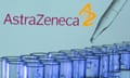 Test tubes are seen in front of an AstraZeneca logo