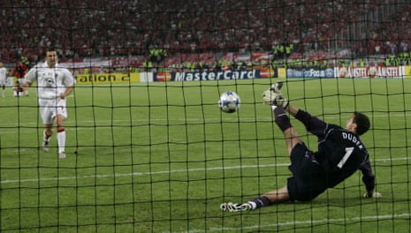 Jerzy Dudek saves a penalty from Andriy Shevchenko in 2005.