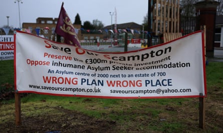 A protest banner outside the main gate of the former RAF base in Scampton, says: ‘Save Our Scampton’ and ‘Wrong Plan, Wrong Place’
