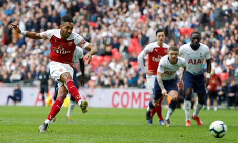 Arsenal’s Pierre-Emerick Aubameyang has his penalty saved by Tottenham’s Hugo Lloris.