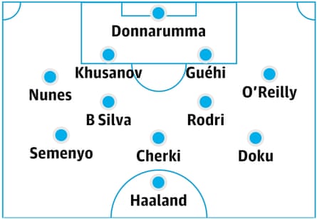 (4-2-3-1) Donnarumma; Nunes, Khusanov, Guéhi, O’Reilly; Rodri, Silva; Semenyo, Cherki, Doku; Haaland