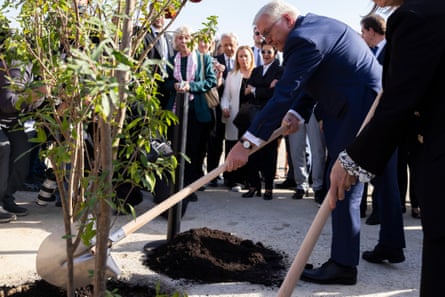 German president Frank-Walter Steinmeier participates in the planting of two trees at the location of the Greek Holocaust museum in Thessaloniki in October.