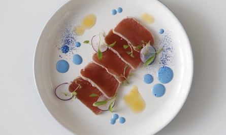 ‘There’s a good reason why savoury foods are rarely blue’: tuna with blue spirulina.