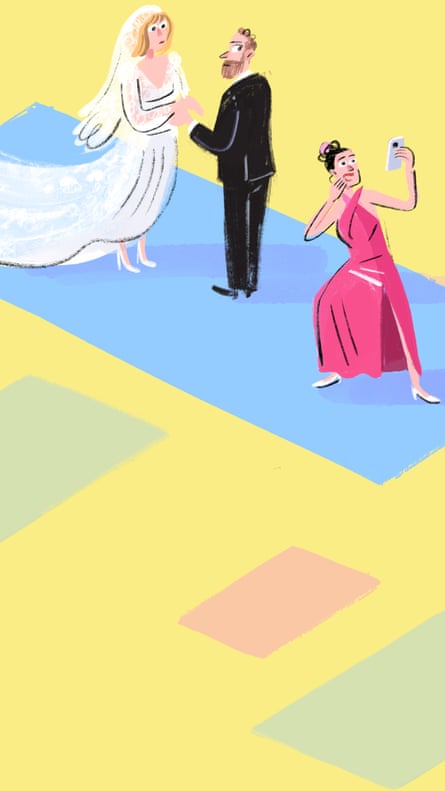 Illustration of woman taking selfie in front of bride and groom