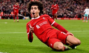 Jayden Danns celebrates his second goal in front of the Kop.