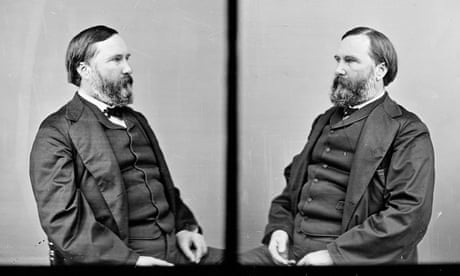 Twin black-and-white images of a white man with neck-length hair and a beard, wearing a dark three-piece suit, both in profile, with the images facing each other.