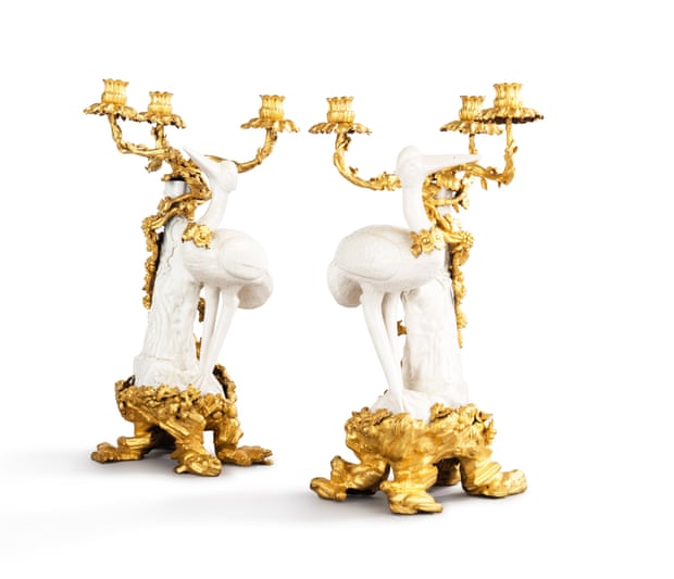 A pair of three-light candelabra with storks in blanc de Chine porcelain mounted on gilt bronze, Louis XV, circa 1750 (est. €200,000-400,000) - probably belonging to Madame de Pompadour