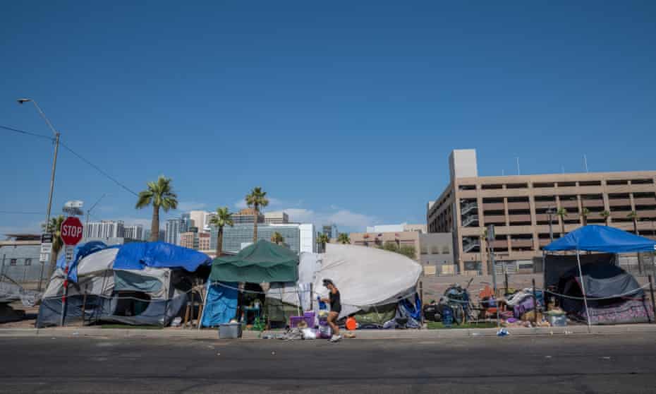 A homeless encampment in Phoenix. Almost two-thirds of Arizona’s drug fatalities happen in Maricopa county where extreme heat is also playing a big role, especially among the unsheltered homeless population.