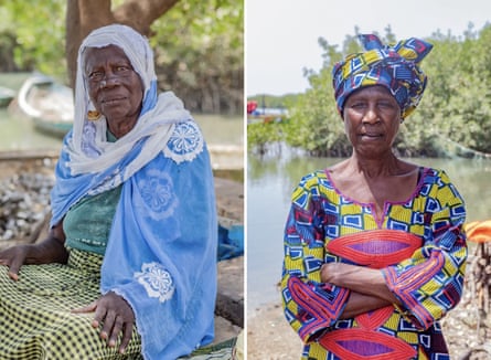 Two separate photos of older African women in headdresses posing solemnly