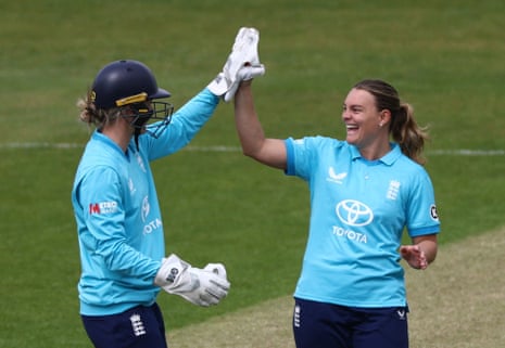 England's Dani Gibson and Amy Jones celebrates after taking the wicket of New Zealand's Isabella Gaze.