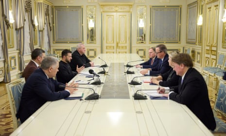 Foreign secretary David Cameron (third from right) meeting with Ukrainian president Volodymyr Zelenskiy (third from left) in Kyiv, Ukraine.