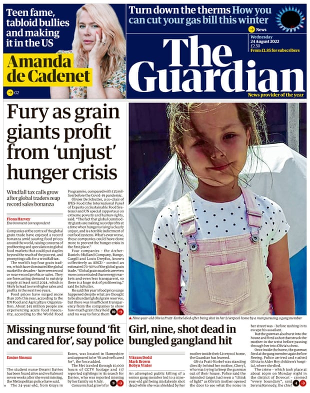 Guardian front page, 24 August 2022