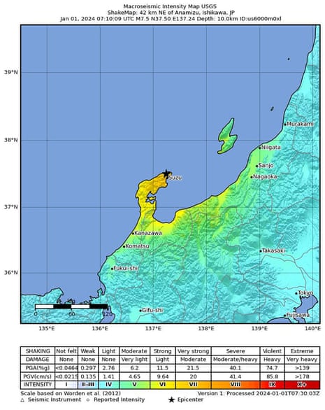 A handout shakemap made available by the United States Geological Survey (USGS) shows the location of a 7.5-magnitude earthquake hitting the Noto region of Ishikawa Prefecture, central Japan, 01 January 2024. The Japan Meteorological Agency (JMA) said the depth of the epicenter was shallow and a tsunami warning was issued along the country’s western coastal regions of for Ishikawa, Niigata, Toyama, Yamagata, Fukui and Hyogo.