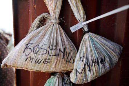 Two sacks hanging on a wall.