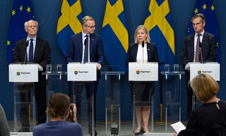 Governor of Sveriges Riksbank, the central bank of Sweden, Stefan Ingves; Sweden’s finance minister Mikael Damberg; prime minister Magdalena Andersson and director general of Finansinspektionen, Sweden’s financial supervisory authority, Erik Thedéen attend a news conference in Stockholm where the announcement was made.
