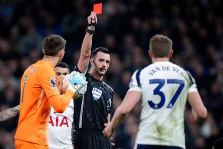 Micky van de Ven is sent against Palace, when Spurs were leading 1-0.