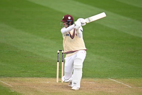 Craig Overton at bat for Somerset, playing a shot
