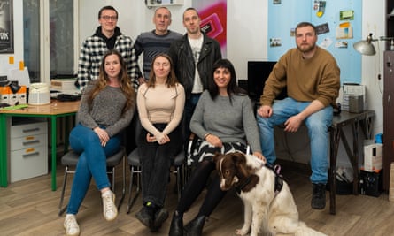 Ivan Bannikov (top left) with the Babylon 13 crew in their office in Kyiv in April