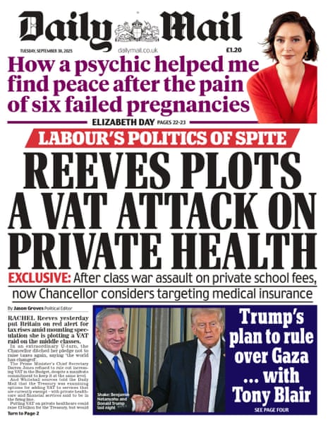 The front page of the Daily Mail, with a headline reading ‘Reeves plots a VAT attack on private health’