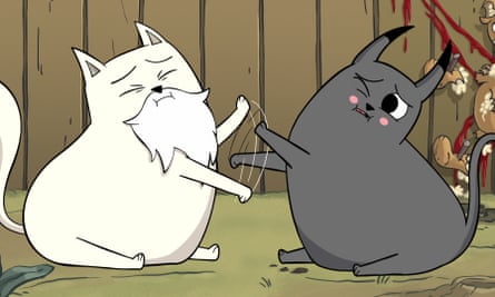 From left: Tom Ellis as Godcat and Sasheer Zamata as Devilcat in Exploding Kittens.
