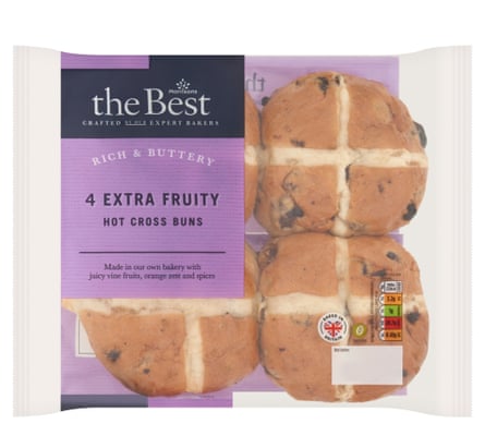 Four Morrisons Hot Cross Buns in a packet