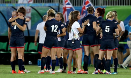 Coming fourth. Team Great Britain looks dejected after loosing the Women’s Bronze Medal Rugby Sevens match.