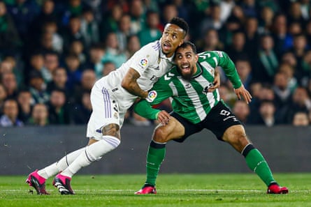 Borja Iglesias (right) tackles the Éder Militão during a goalless draw with Real Madrid.
