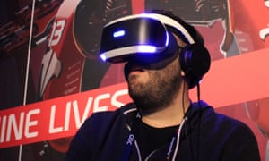 Nick Pino of TechRadar tries out a PlayStation VR video game at a Sony press event.