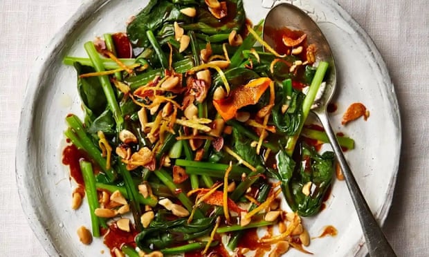 Choy sum with oyster sauce, garlic and peanuts