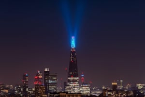 The top of the Shard skyscraper in Southwark, south London, is illuminated