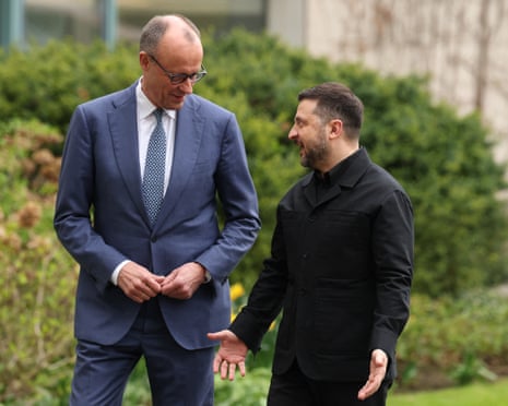 German chancellor Friedrich Merz welcomes Ukrainian president Volodymyr Zelenskyy at the Chancellery in Berlin.