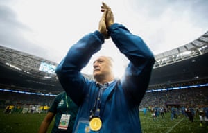 Scolari celebrates after winning the Brasileirao title with Palmeiras in 2008.