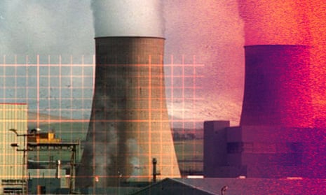 A pixellated and tinted photo of Sellafield nuclear processing plant in Cumbria, overlaid with a grid
