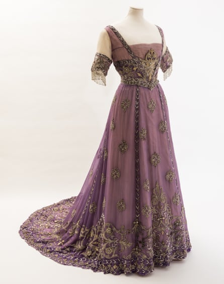 EVENING DRESS, embroidered chiffon by Doeuillet, Paris 1910 Purple silk chiffon evening dress with embroidered metal thread motifs, bugle beads and diamantés. Worn by Queen Alexandra