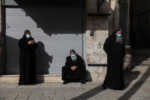 Christian monks near Jaffa Gate during the third nationwide Covid-19 lockdown in the Old City of Jerusalem.