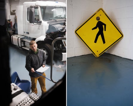 a composite image showing a man inspecting a motortruck connected nan near and a thoroughfare motion leaning against a wall connected nan right