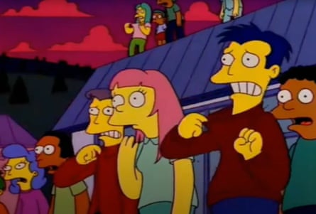 The Simpsons characters pulling at the necks of their shirts while looking anxious