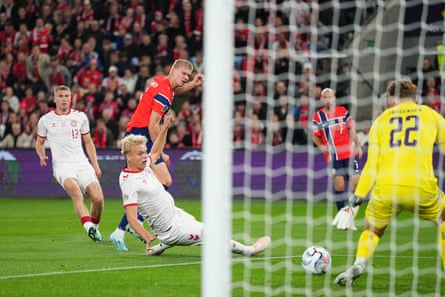 Erling Haaland scores to put Norway 2-0 ahead against Denmark