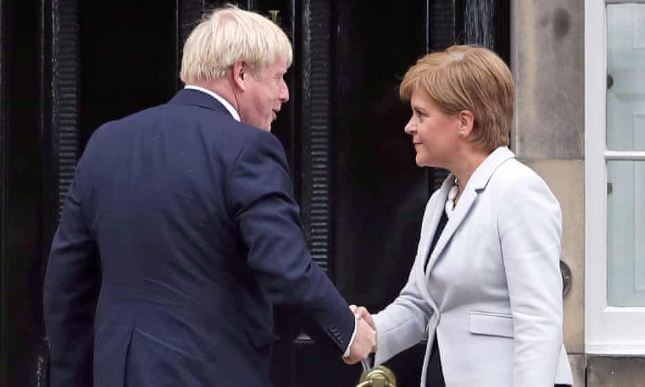 Nicola Sturgeon and Boris Johnson outside Bute House in Edinburgh in 2019.