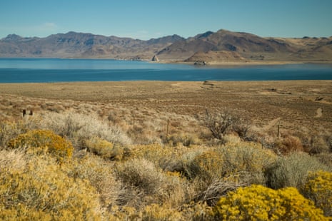A sweeping shot of a landscape with bushes, a lake and mountains.