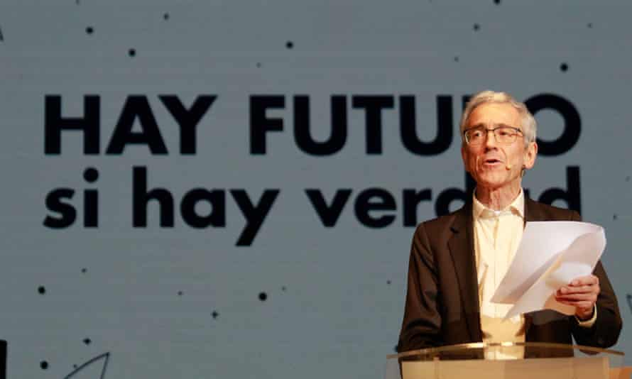 Truth commission president Francisco de Roux speaks during the presentation of the final report of the commission, in Bogotá.